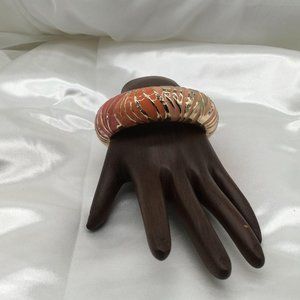 Signed Bangle Bracelet Hinged Peach and Gold Tone Wear w/Orange Necklace/Rarring